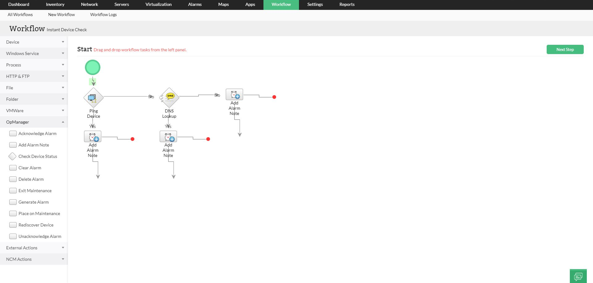 IT Workflow Automation in OpManager: An agile and flexible drag-n-drop automation workflow builder